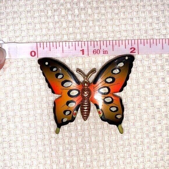 Vintage Butterfly Brooch Pin Vibrant Orange Black Gold Hand Painted - Picture 12 of 13